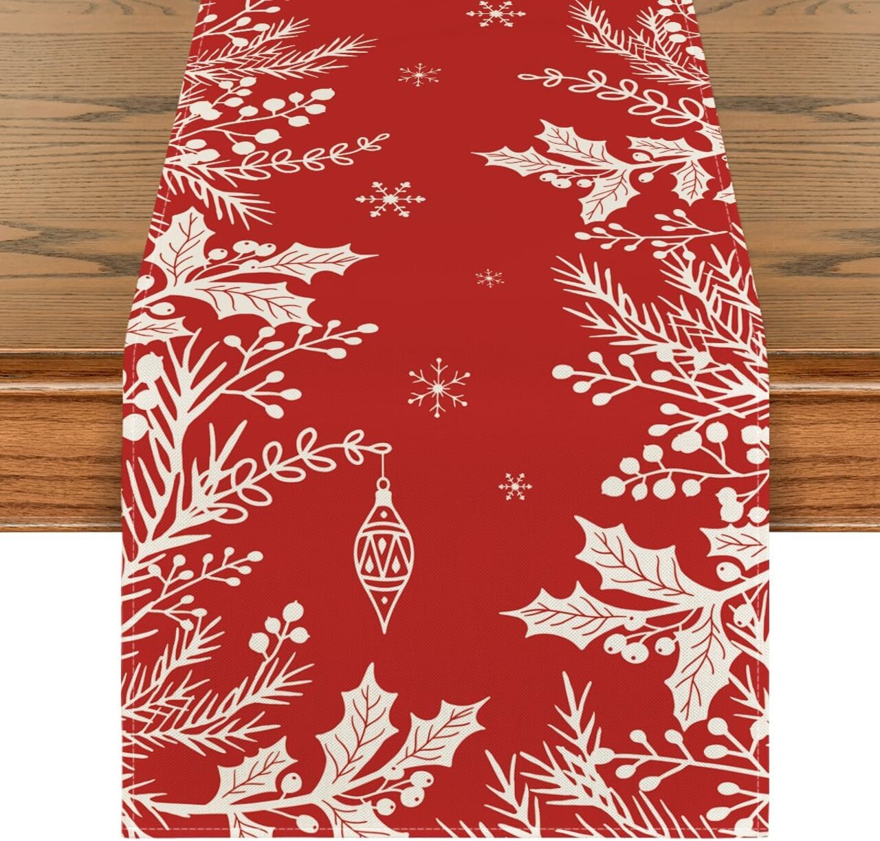 Holly Pine Branches Leaves Christmas Table Runner, Seasonal Winter Kitchen Dining Table Decoration